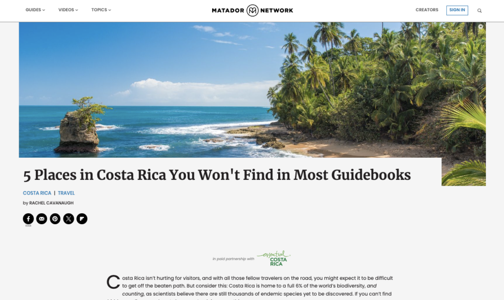 A photo of a gorgeous beach in Costa Rica on the Matador Network website.